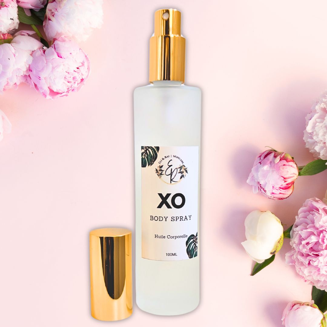 Eli and Rai XO Scented Body Mist on a clean background, highlighting the fruity floral hair and body spray.