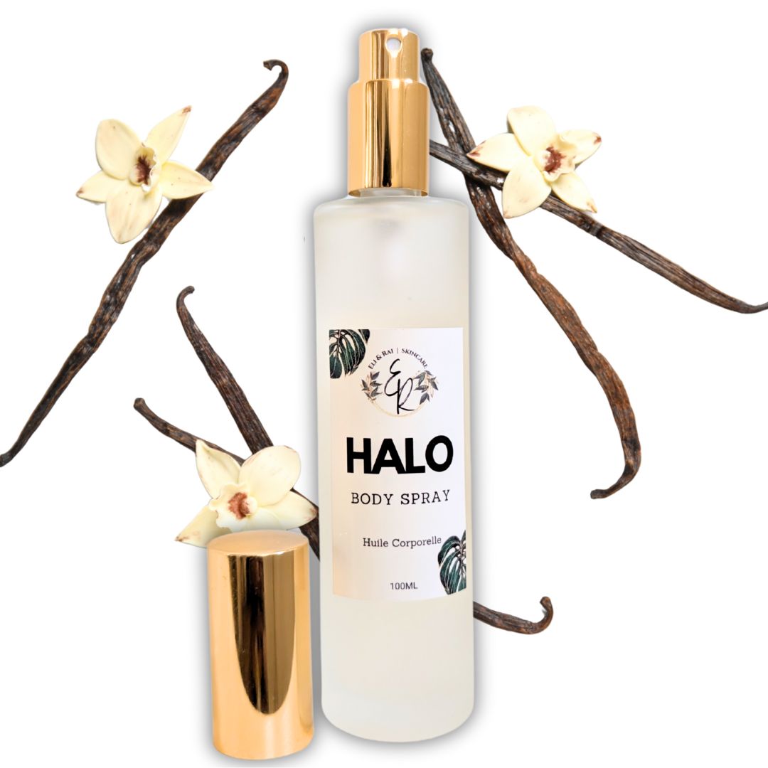 100ml clear bottle of Eli and Rai Halo Scented Body Mist, an alcohol free vanilla musk hair and body spray